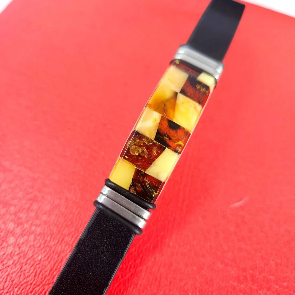 Ewa Plachta Baltic Amber Stainless Steel Leather Checkerboard Bracelet Unisex‎